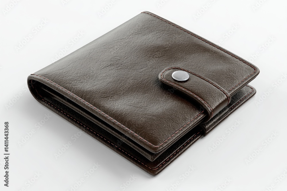 Brown leather bi-fold wallet, closed and displayed. Brown leather bi-fold wallet, closed and displayed.