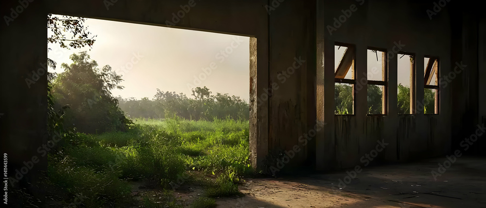 Fototapeta premium Abandoned Concrete Structure with Lush Green Field View
