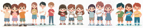 Vector collection of a group of children standing together with cheerful and friendly expressions, reflecting the joy and togetherness of childhood.