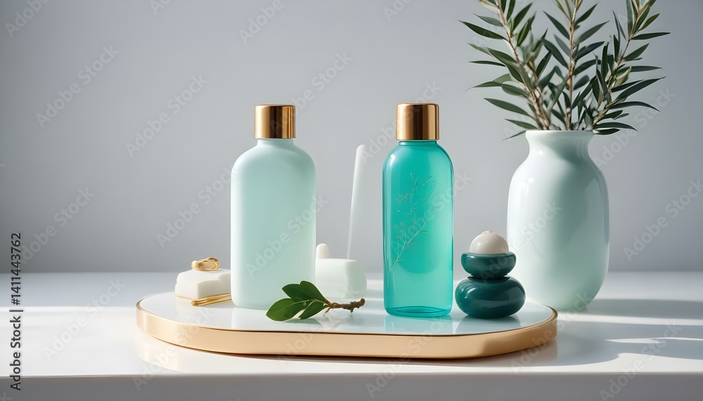 SPA composition. White bottle with essential oil or serum on a podium. Massage set