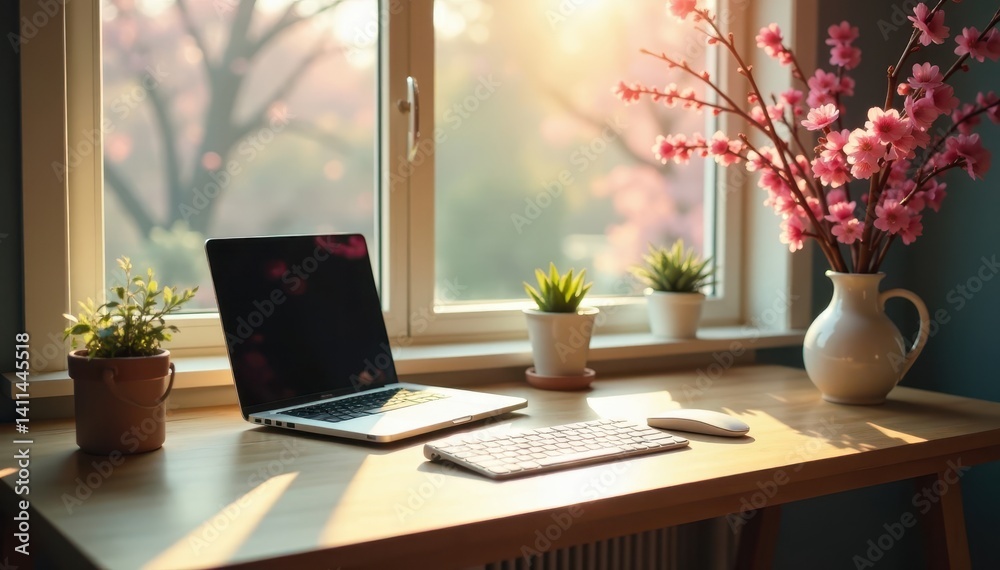 Fototapeta premium Empty desk, sunlight, spring blossoms, fresh start, free, fresh, spring