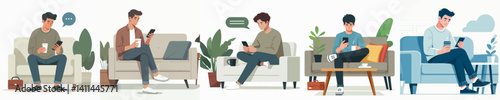 A vector collection of people relaxing on a sofa with various activities such as reading, using a laptop, and playing with a cellphone, reflecting a relaxed atmosphere at home.