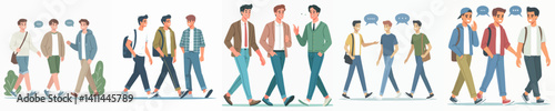 Vector collection of a group of young men standing together in relaxed and friendly poses, showing togetherness and intimacy.