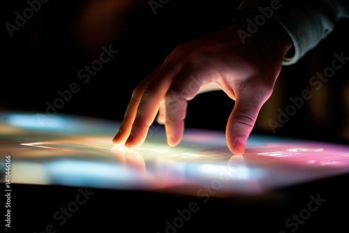 A close-up of a hand interacting with a colorful touchscreen interface in a dark environment