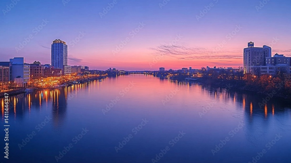 Naklejka premium City Skyline at Sunset with River Reflections