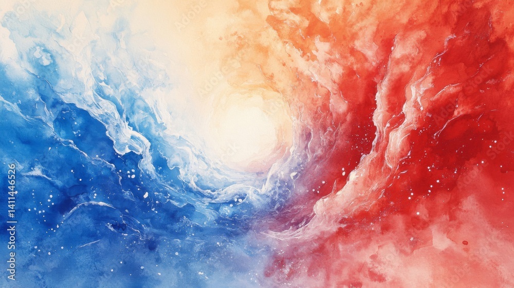 Fototapeta premium Abstract Watercolor Space Scene with Red and Blue Nebula