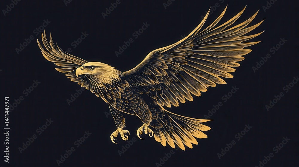 Obraz premium A majestic eagle with outstretched wings, depicted in a striking golden color against a dark background, symbolizing power and freedom.