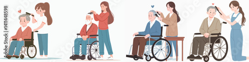 Vector collection of young women accompanying elderly people in wheelchairs