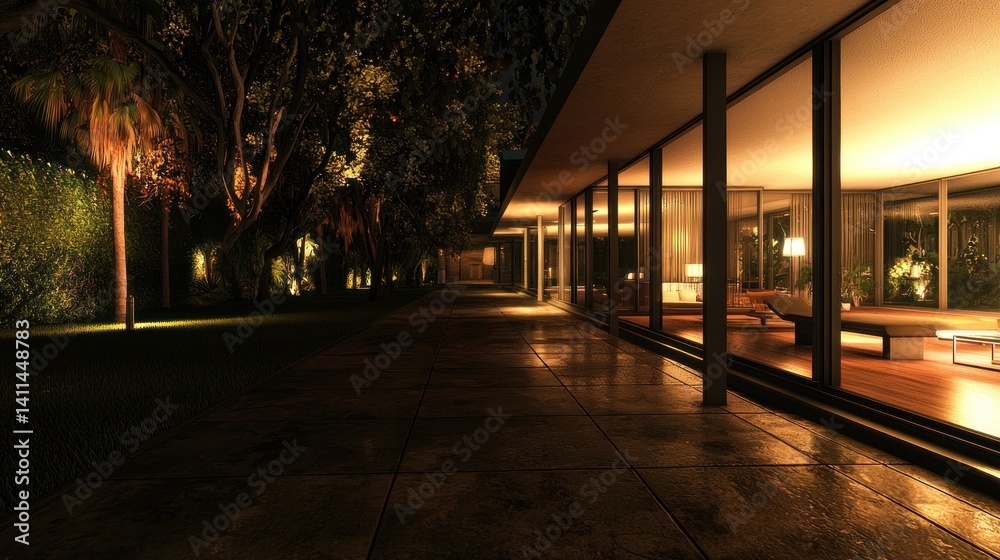 Fototapeta premium Nighttime modern house pathway, tropical gardens, interior living