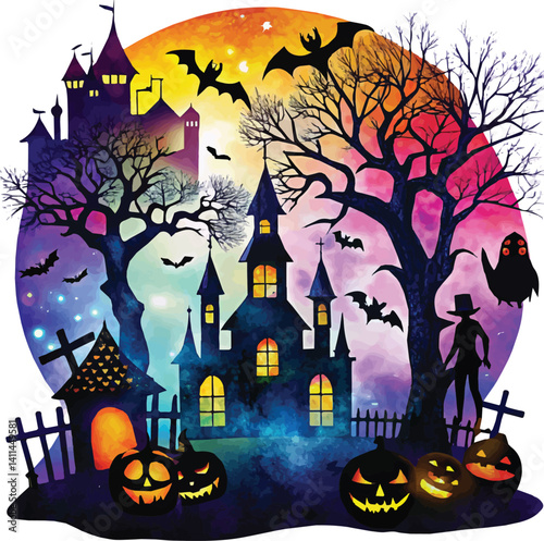 A spooky Halloween night illustration features a haunted house silhouette.