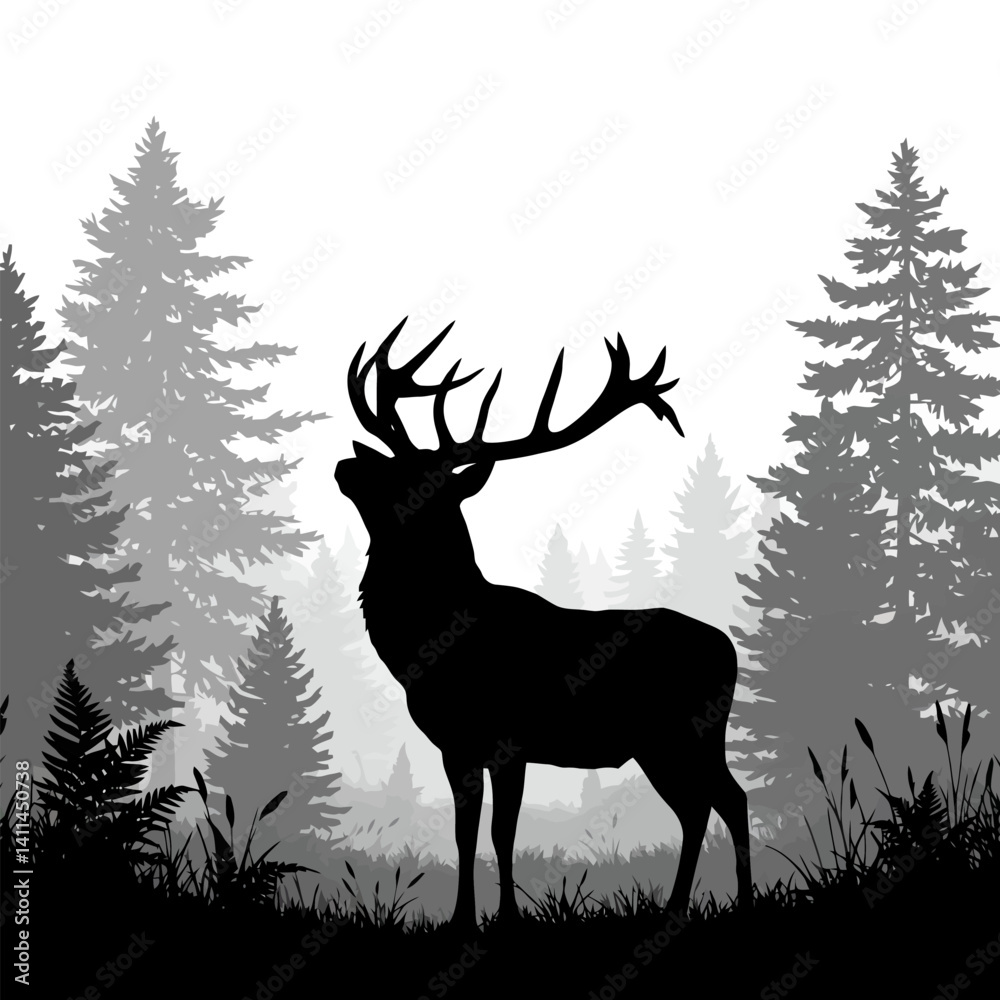Obraz premium Deer Silhouette Stands in Forest with Evergreens