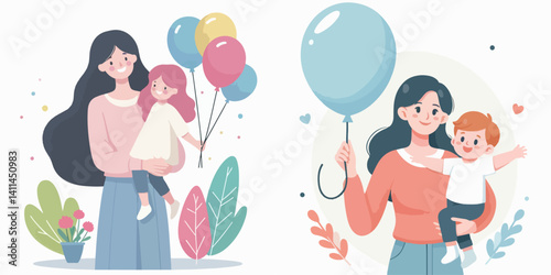 A vector collection of mothers and children holding balloons, reflecting the affection and closeness in family relationships.