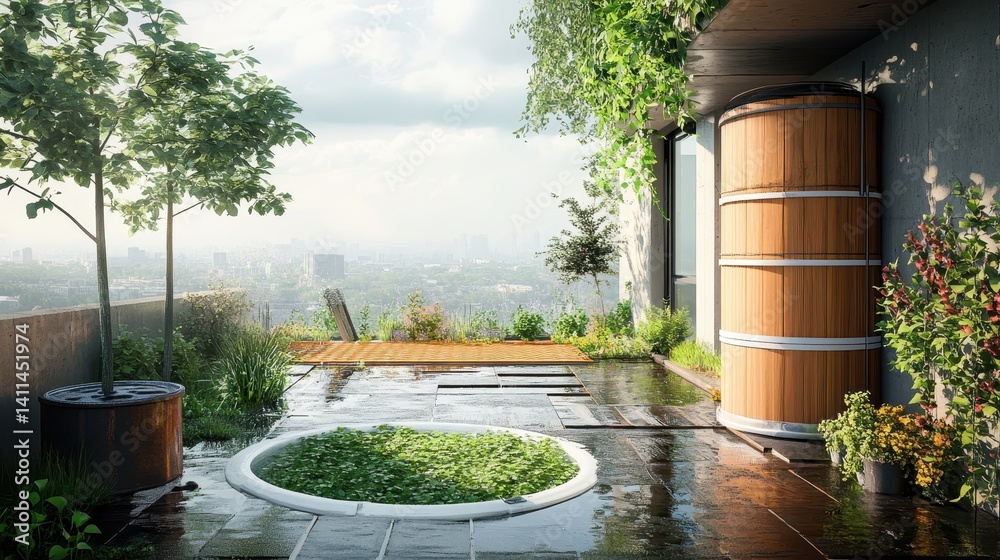 Naklejka premium Wet rooftop garden featuring lush greenery, wooden hot tub, and city skyline. Visualize luxury living, relaxation, and nature in an urban environment.
