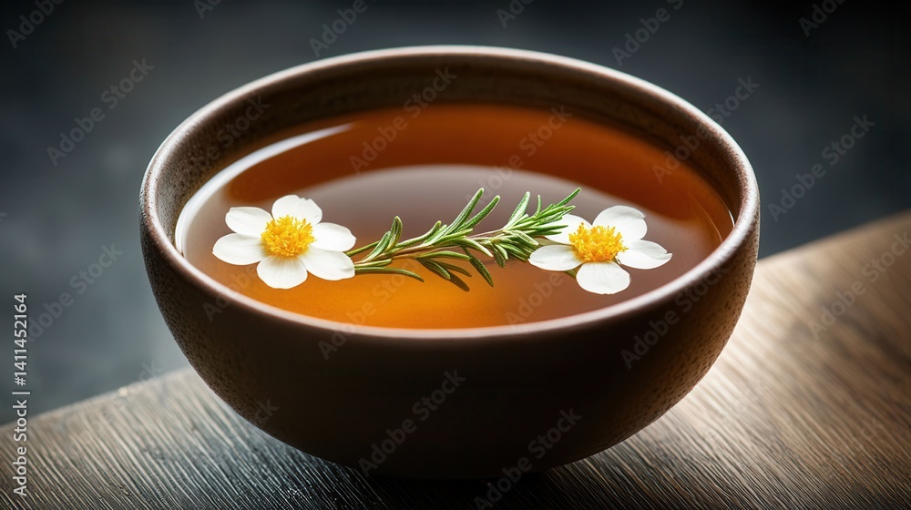 Herbal Tea with Flowers in a Ceramic Bowl on a Rustic Wooden Surface Herbal Tea with Flowers in a Ceramic Bowl on a Rustic Wooden Surface