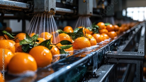 Orange washing on conveyor belt in fruit processing factory