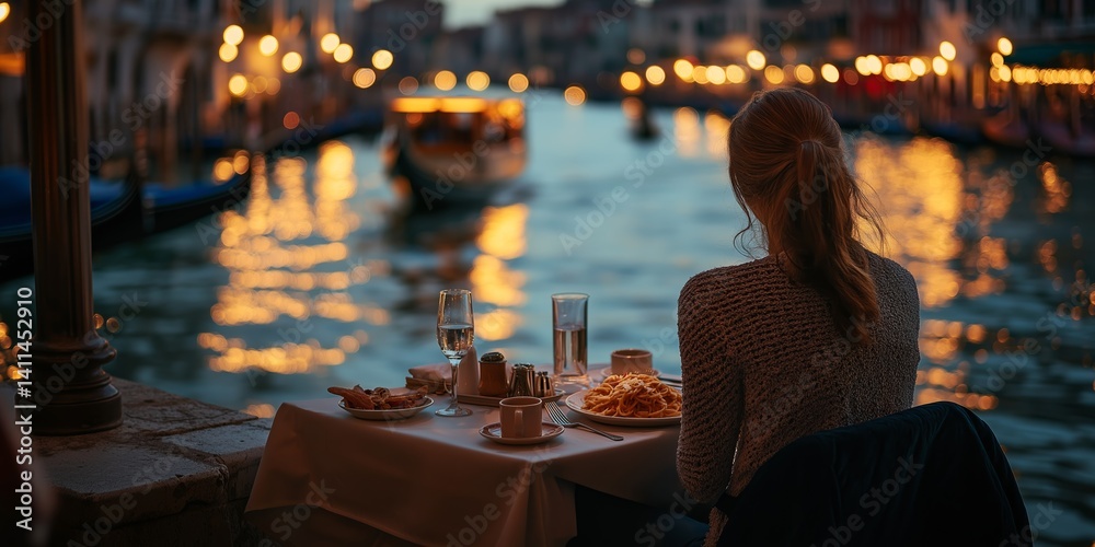 Romantic dinner by the Grand Canal in Venice at twilight, woman enjoying Italian pasta and wine with gondolas and glowing city lights in the background. Romantic dinner by the Grand Canal in Venice at twilight, woman enjoying Italian pasta and wine with gondolas and glowing city lights in the background.
