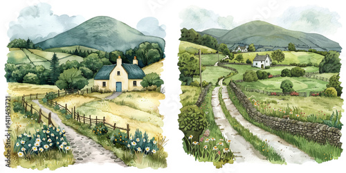 irish countryside watercolor vector illustration