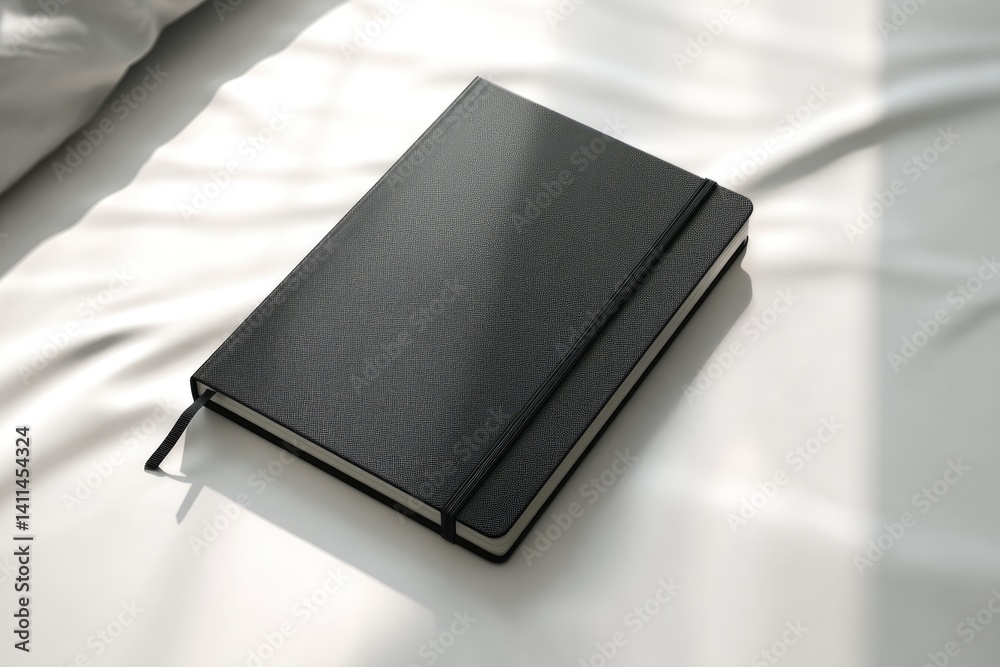 Dark gray notebook rests on a white bedsheet. Dark gray notebook rests on a white bedsheet.