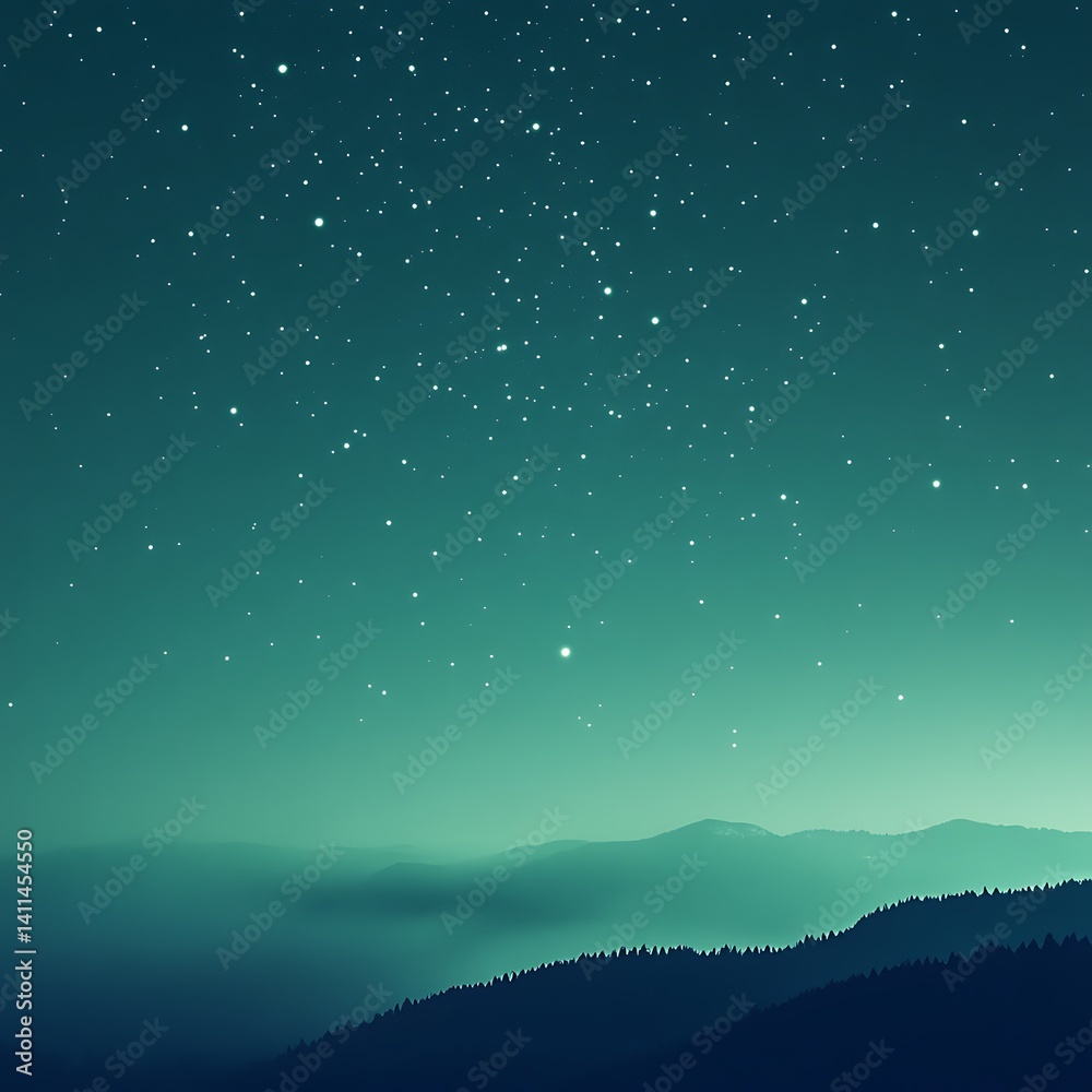 Naklejka premium A serene starry night sky over rolling mountains and trees
