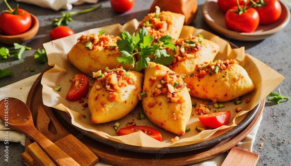 Delicious Homemade Potato Dumplings With Toppings And Fresh Tomatoes Delicious Homemade Potato Dumplings With Toppings And Fresh Tomatoes
