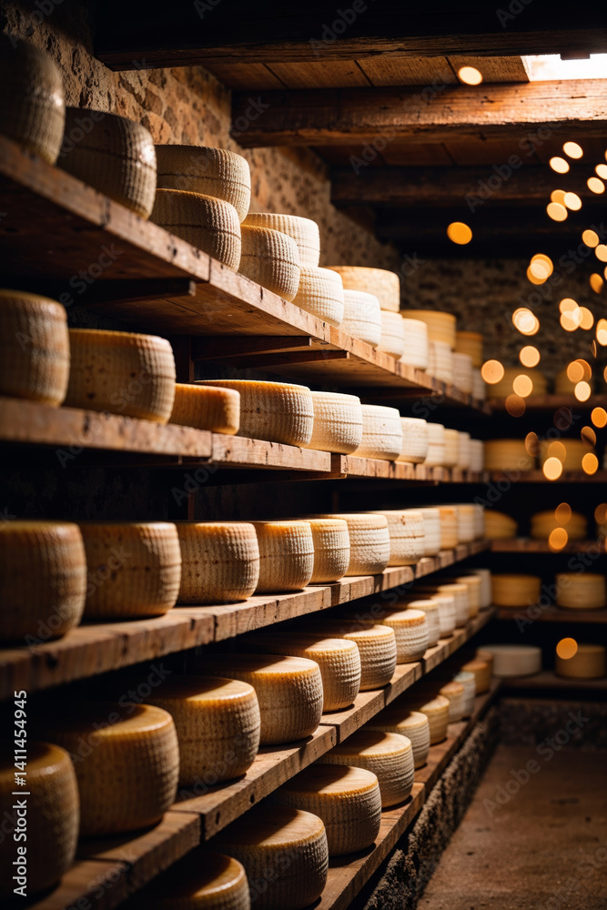 Fototapeta premium Rows of aging cheese wheels neatly arranged on wooden shelves in a rustic cellar.