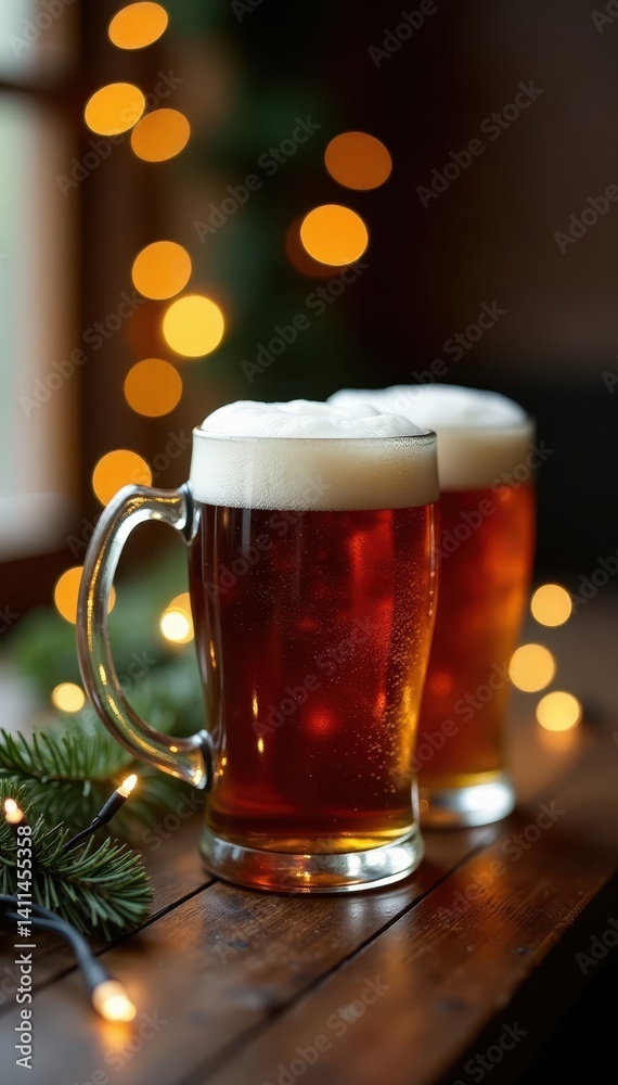 Rich, dark beer fills mugs on table adorned with lights and garland, celebration, holiday beer Rich, dark beer fills mugs on table adorned with lights and garland, celebration, holiday beer