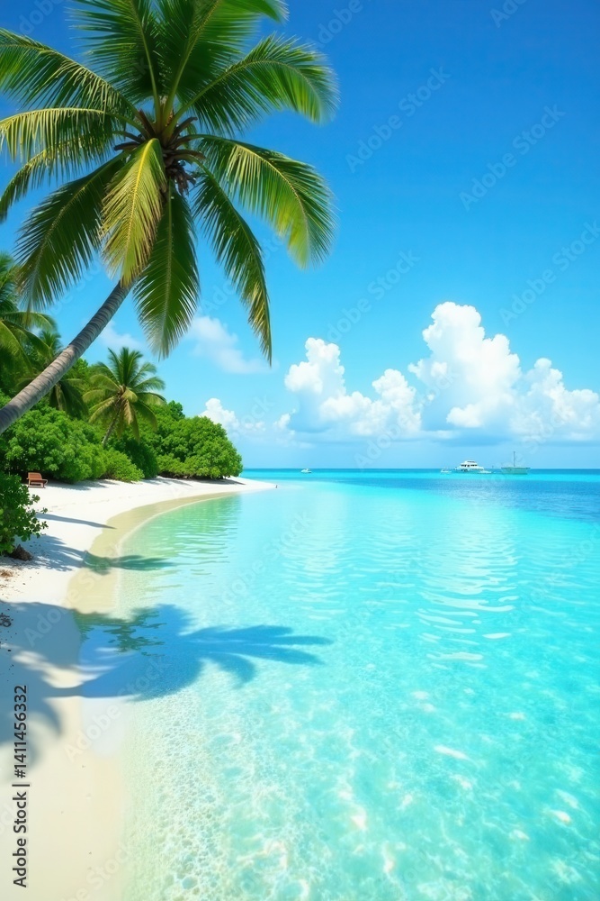 Serene Maldivian seascape; azure sky reflects on calm water , beautiful, photo, bright