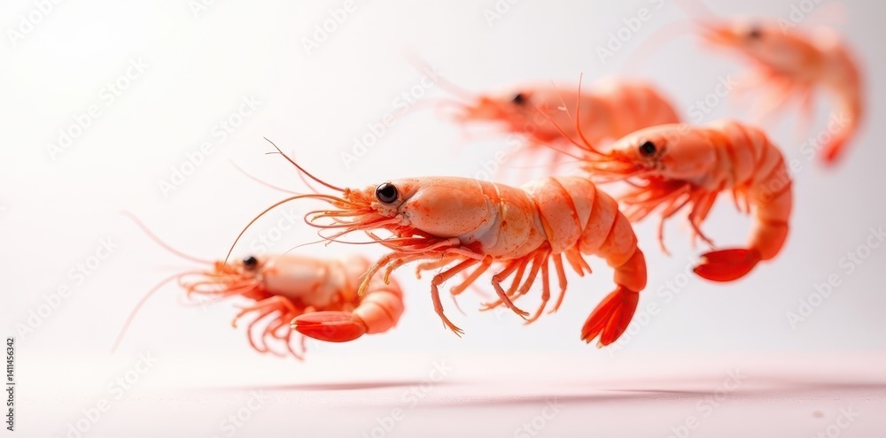 custom made wallpaper toronto digitalSeveral boiled prawns levitating, showcasing vibrant pink hue on stark white , culinary, isolated