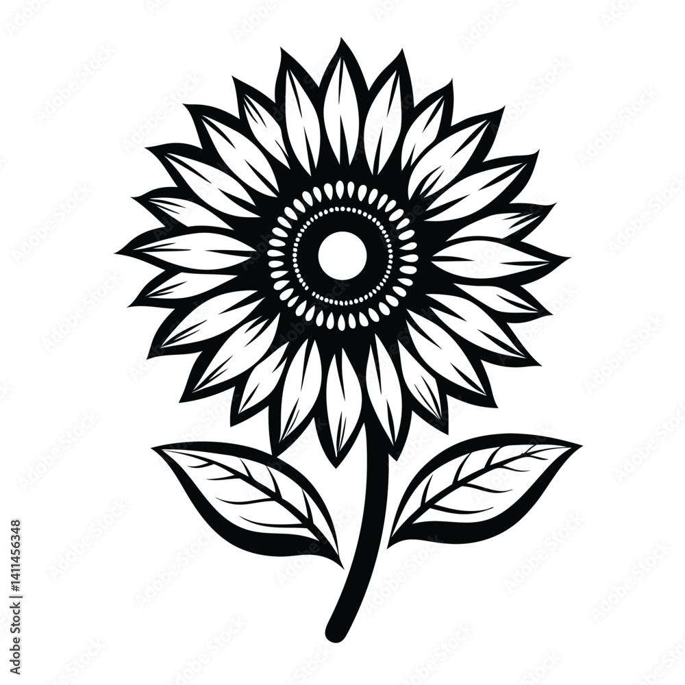 Black and White Sunflower Silhouette, Stylized Floral with Stem and Leaves, Isolated Black and White Sunflower Silhouette, Stylized Floral with Stem and Leaves, Isolated