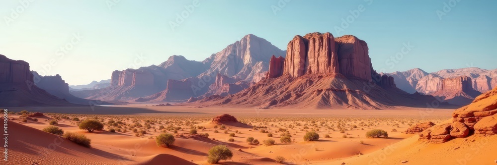 Naklejka premium Sharp, rugged mountains rise from desert floor, vista, orange