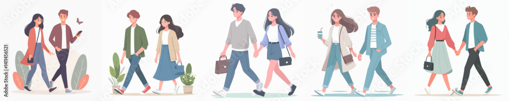 Vector collection of happy young couples walking while talking Vector collection of happy young couples walking while talking