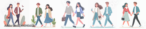 Vector collection of happy young couples walking while talking