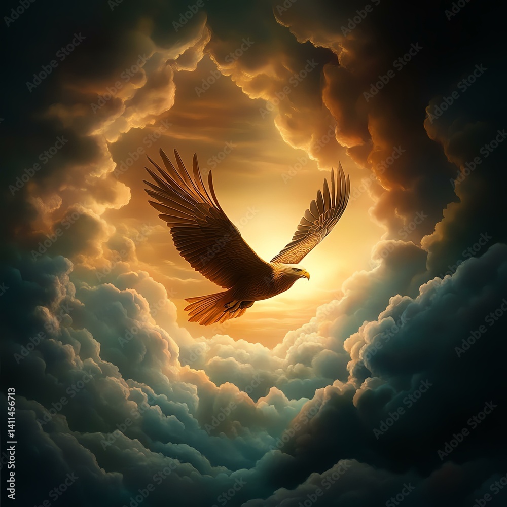 Obraz premium A majestic bird soaring through vibrant clouds at sunset, symbolizing freedom and peace.
