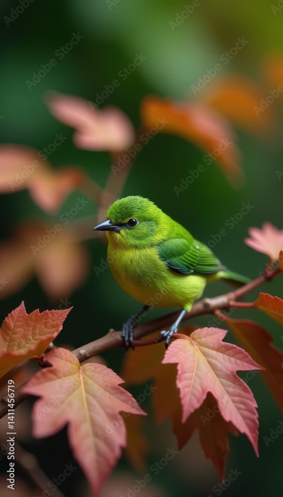 Small green bird amidst russet & brown leaves, leaves, graphics, autumn Small green bird amidst russet & brown leaves, leaves, graphics, autumn