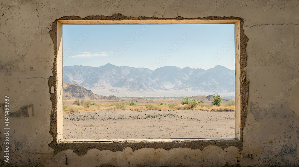 Obraz premium Mountain View Through a Ruined Window