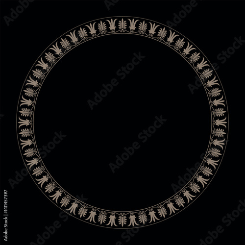 Golden Greek meander plate. Vector round gold classic frame. Patterns of Greece, ancient Rome. Circle european border. Palmette. Byzantium. Egyptian, assyrian, greek motives. For embroidery, porcelain