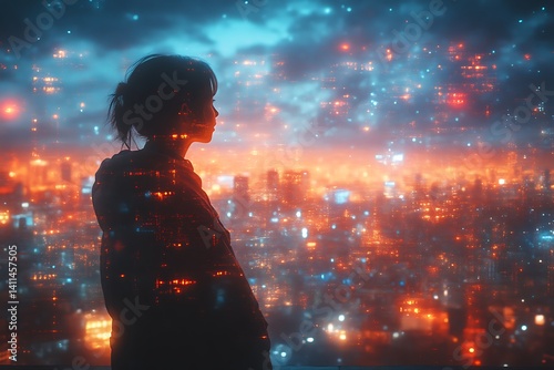 Silhouetted woman gazing at futuristic cityscape at night.