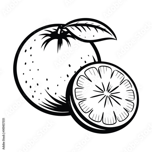Black Line Drawing of Orange Fruit with Segment and Leaf on White Background