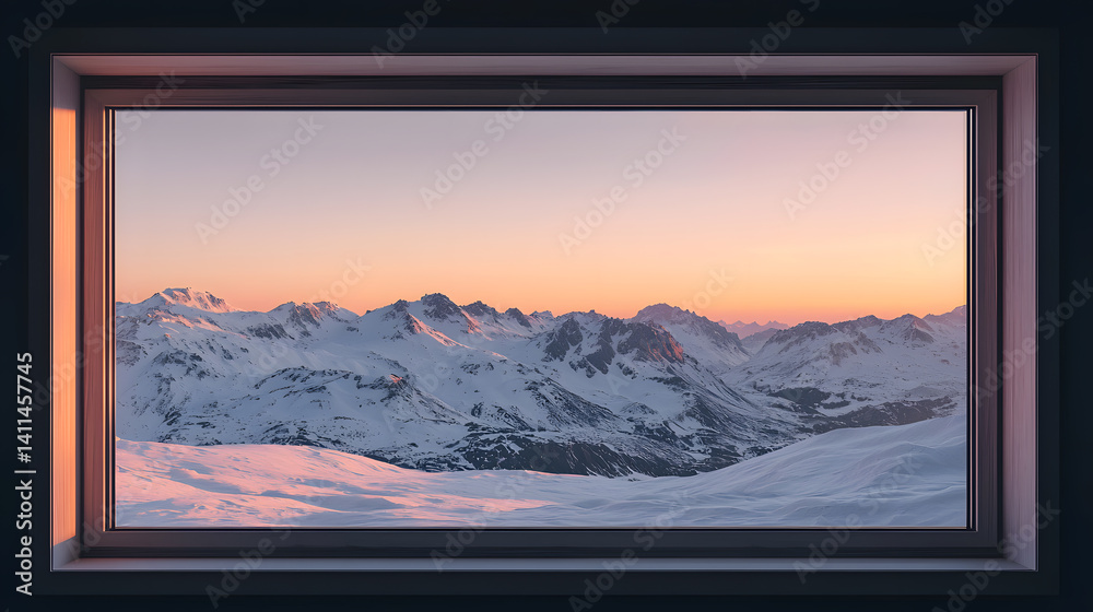 Obraz premium Window to the Peaks: A breathtaking vista unfolds through a window frame, revealing snow-capped mountain peaks bathed in the warm, ethereal glow of sunrise.