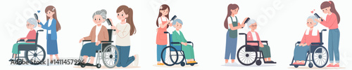 Vector collection of young women caring for and accompanying elderly people in wheelchairs with great affection.