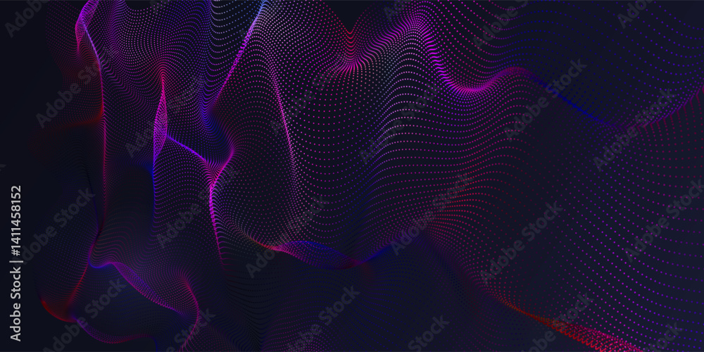 Fototapeta premium Futuristic background wave flow with color particles on dark. Digital technology concept computing data. Abstract noisy surface with color points. Big data.