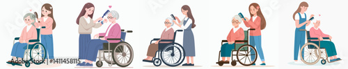 Vector collection of young women caring for and accompanying elderly people in wheelchairs with great affection.