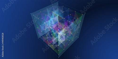 Abstract background 3D digital cube quantum computing. 3D algorithm blockchain grid dynamic blocks. Big data. Multi core box on  blue. Artificial intellige