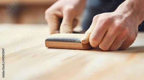 A woodworker sanding a wooden surface to a smooth finish. Featuring wood grain and attention to detail
