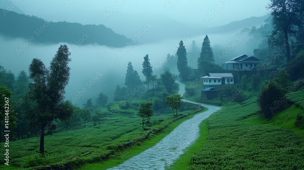 Misty Mountain Village Road In Lush Green Hills Misty Mountain Village Road In Lush Green Hills