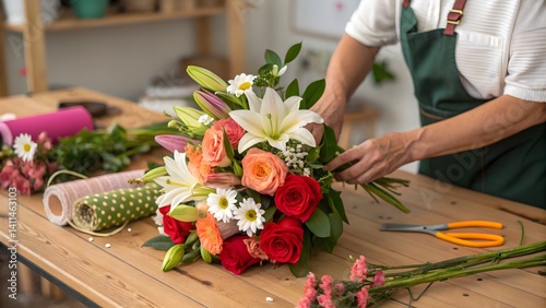 Close-up of a florist’s hands artfully arranging a vibrant bouquet. Ideal for floral design, event planning, and lifestyle content.
