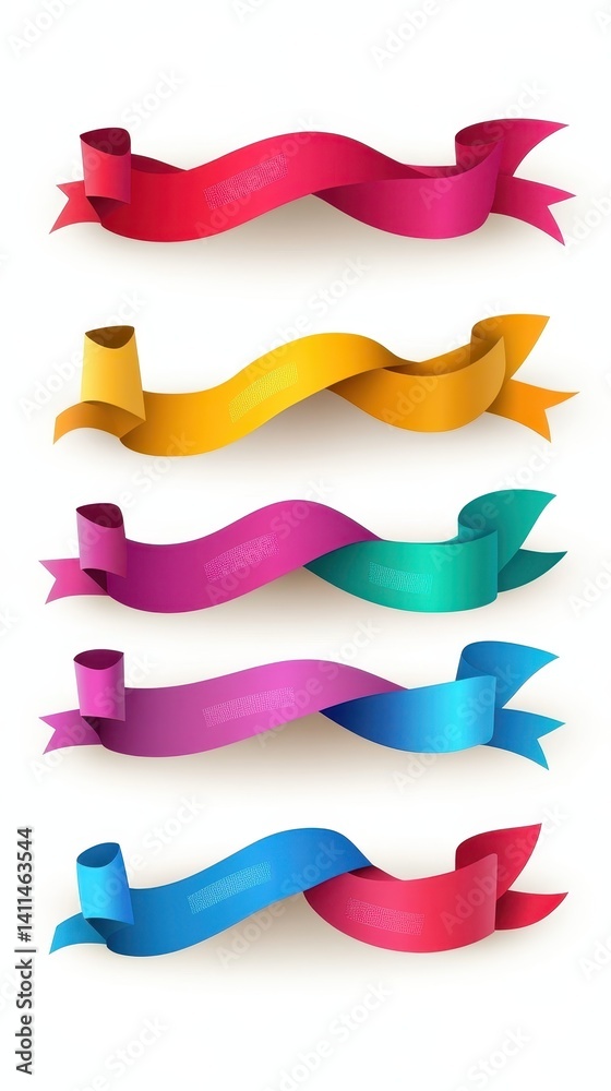 Obraz premium A vibrant collection of assorted ribbons in various colors, including red, blue, green, yellow, and pink, neatly arranged in a fan shape, showcasing their silky texture and shiny finishes.