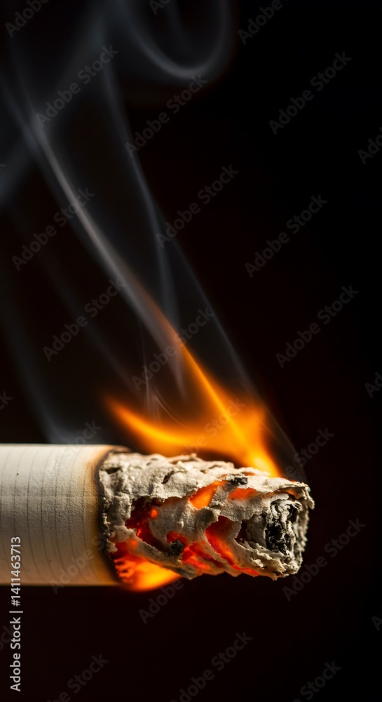 wisps of smoke, dark background, vibrant orange glow, ash, burning cigarette with smoke, a lit cigarette, burning ember