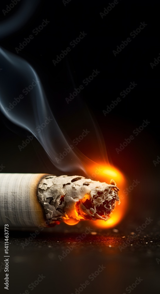 wisps of smoke, dark background, vibrant orange glow, ash, burning cigarette with smoke, a lit cigarette, burning ember
