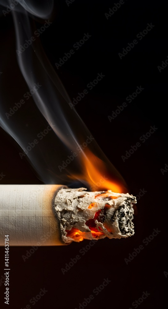 wisps of smoke, dark background, vibrant orange glow, ash, burning cigarette with smoke, a lit cigarette, burning ember